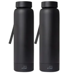 Two black insulated water bottles with detachable lids and a textured grip strap. Each bottle features a small display and the brand name \“TYLT\“ near the base.