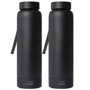 Two black insulated water bottles with detachable lids and a textured grip strap. Each bottle features a small display and the brand name \“TYLT\“ near the base.