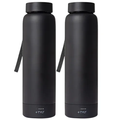Two black insulated water bottles with detachable lids and a textured grip strap. Each bottle features a small display and the brand name \“TYLT\“ near the base.