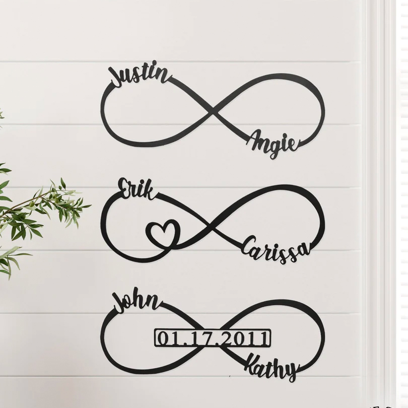 Three personalized wall decals featuring infinity symbols with names and a date intertwined.