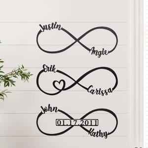 Three personalized wall decals featuring infinity symbols with names and a date intertwined.