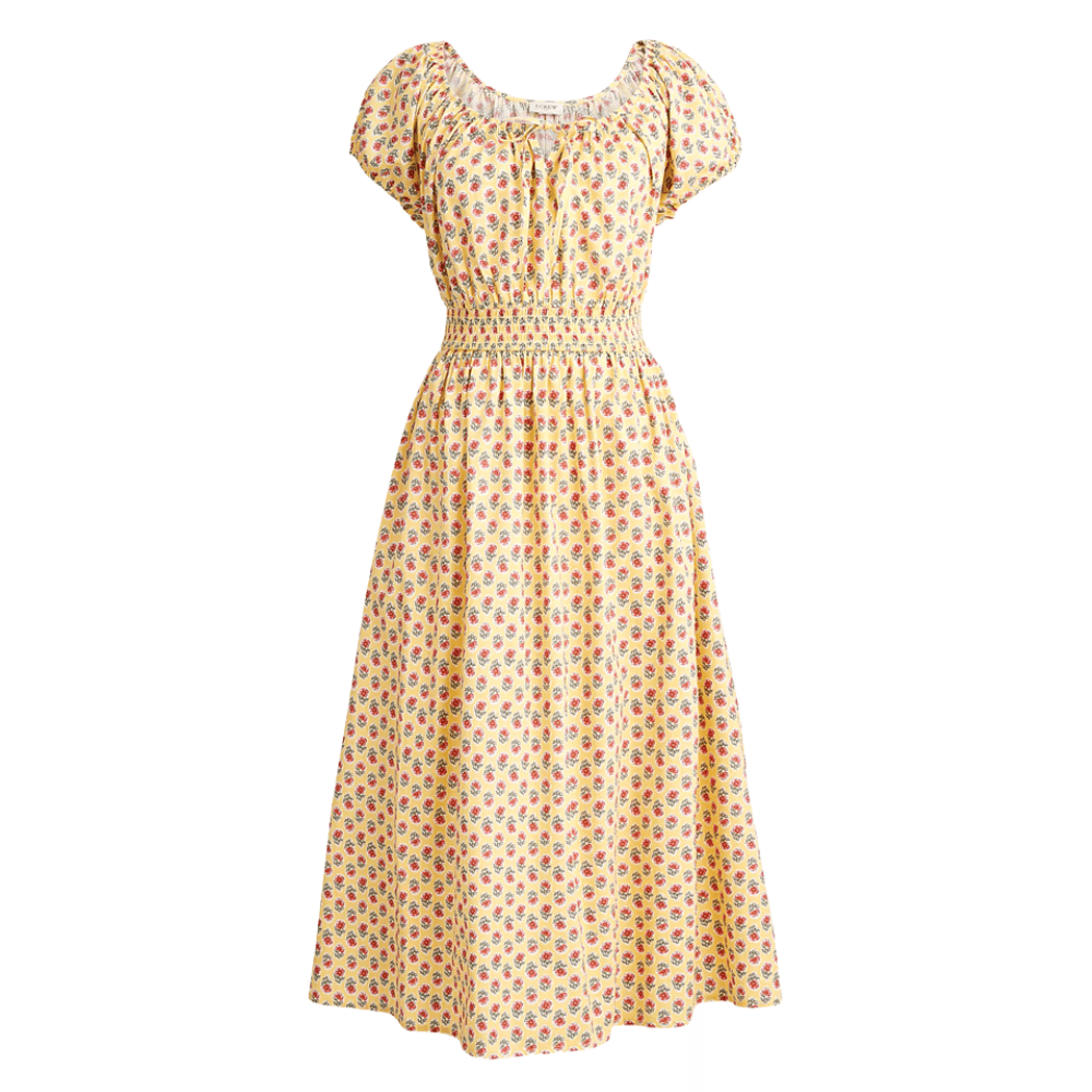 A yellow dress with a floral pattern, featuring short puff sleeves, a cinched waist with smocking, and a midi length.