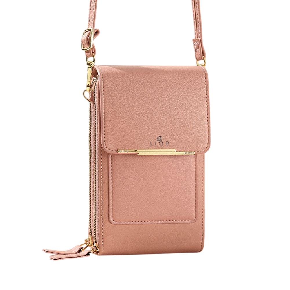 A pink, rectangular crossbody bag with a flap closure, gold hardware, and a small tassel, featuring the brand name \“LIOR\“.