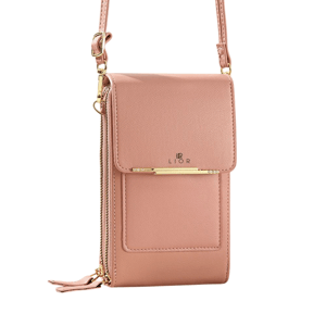 A pink, rectangular crossbody bag with a flap closure, gold hardware, and a small tassel, featuring the brand name \“LIOR\“.