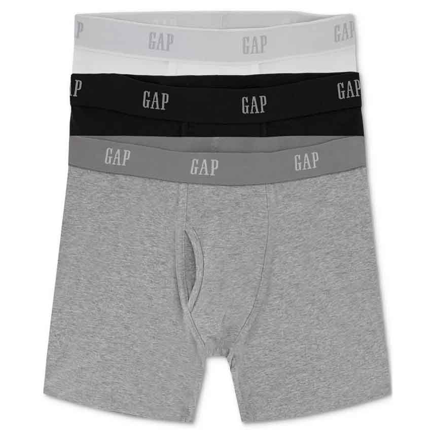 The Gap Men's Boxer Brief 3-Pack includes three pairs in black, gray, and white colors, featuring the brand logo on the waistband.