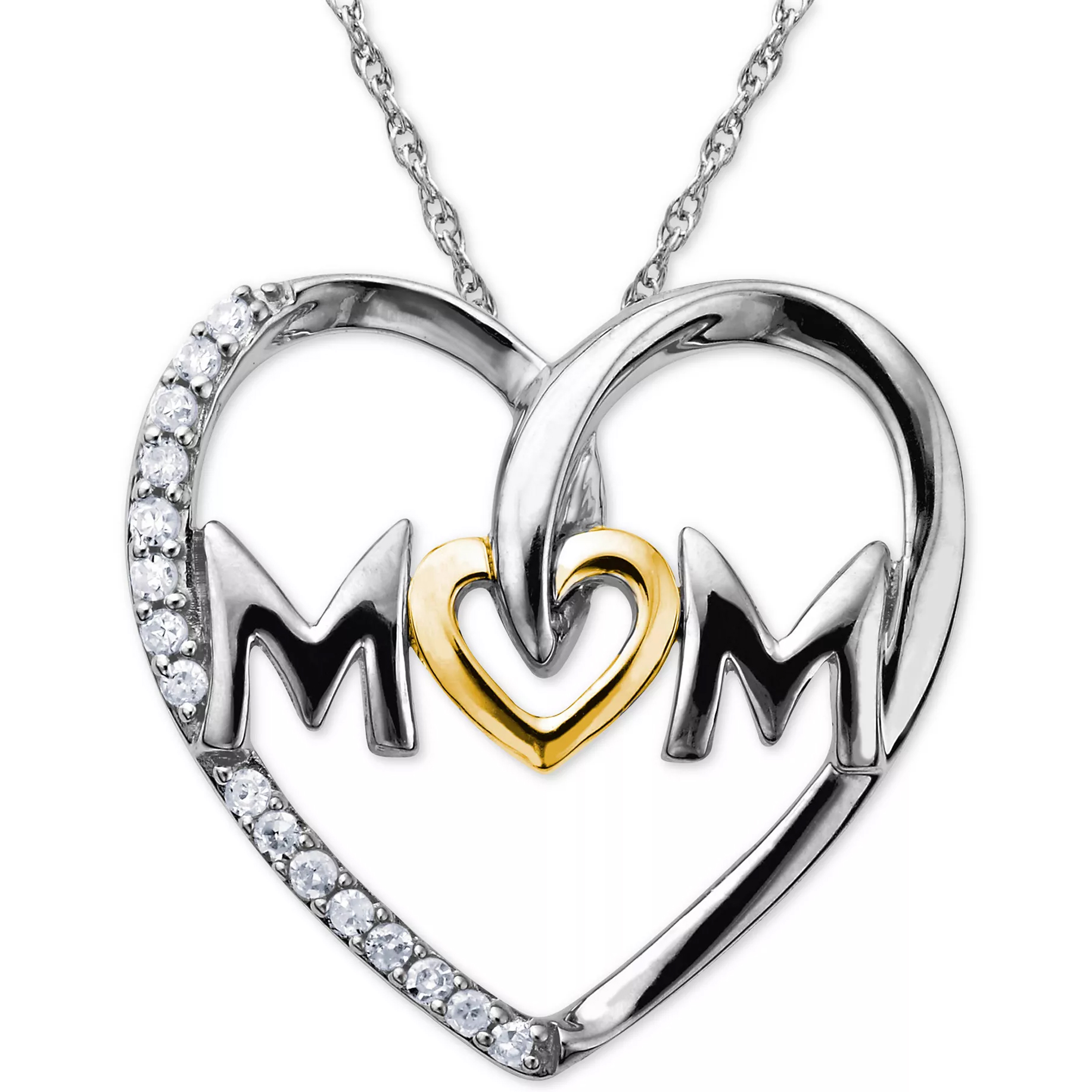 A heart-shaped \“Mom\“ necklace with silver and gold tones featuring embedded round clear stones on one side.