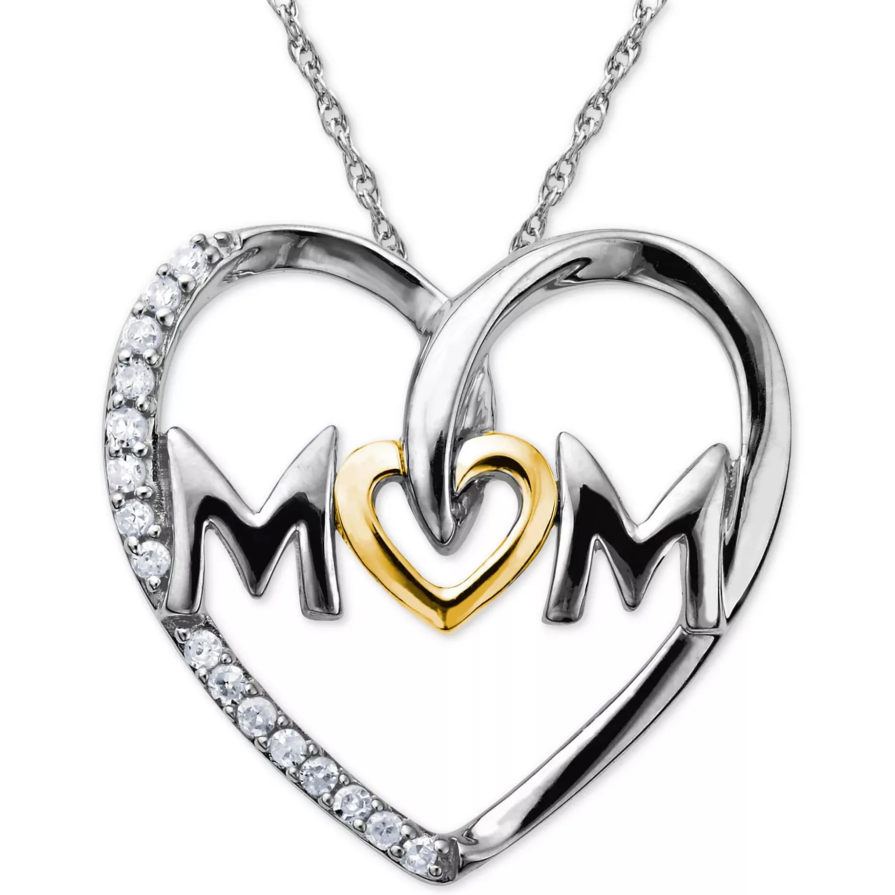 A heart-shaped \“Mom\“ necklace with silver and gold tones featuring embedded round clear stones on one side.