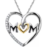 A heart-shaped \“Mom\“ necklace with silver and gold tones featuring embedded round clear stones on one side.