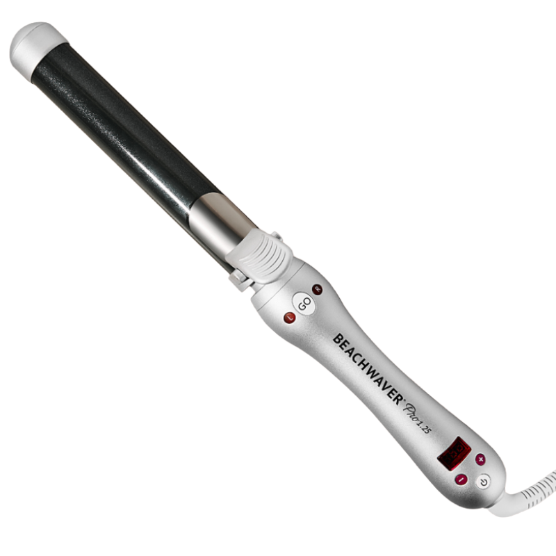 Automatic rotating curling iron with a digital display, featuring a sleek silver handle marked \“BEACHWAVER PRO1.25.\“