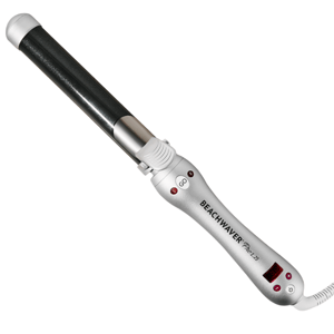 Automatic rotating curling iron with a digital display, featuring a sleek silver handle marked \“BEACHWAVER PRO1.25.\“