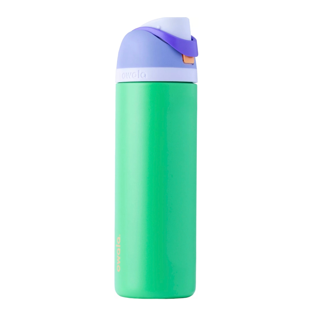 A green insulated water bottle with a purple flip-top lid and silicone loop, featuring the brand name \“Owola.\“