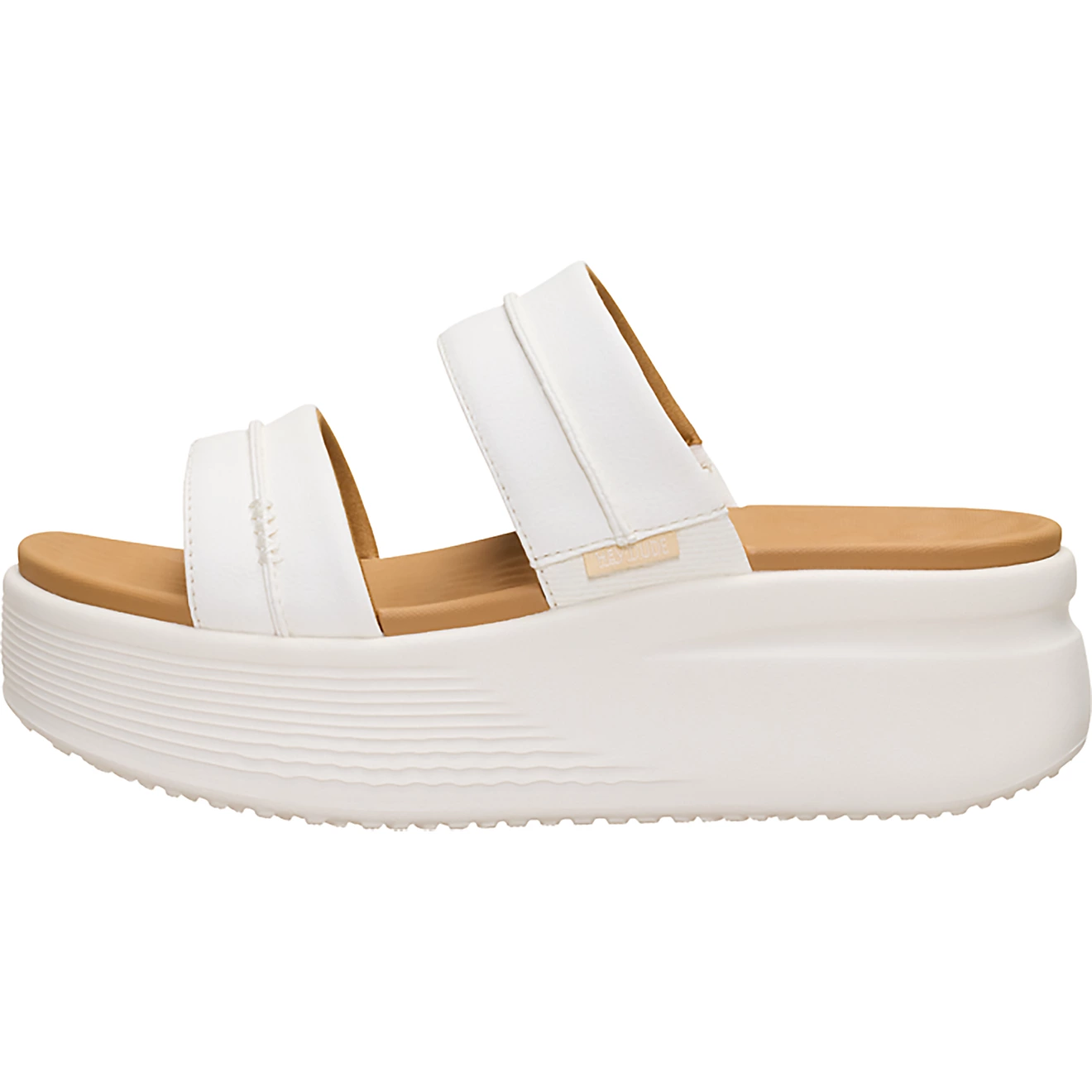 White platform slide sandal with two wide straps and a chunky sole.