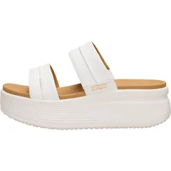 White platform slide sandal with two wide straps and a chunky sole.