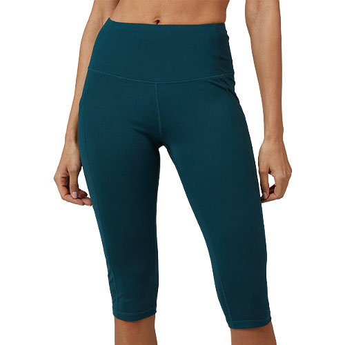 Women's teal high-waisted, knee-length athletic leggings with a smooth, fitted design.