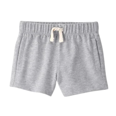 Gray drawstring shorts featuring an elastic waistband and side pockets.
