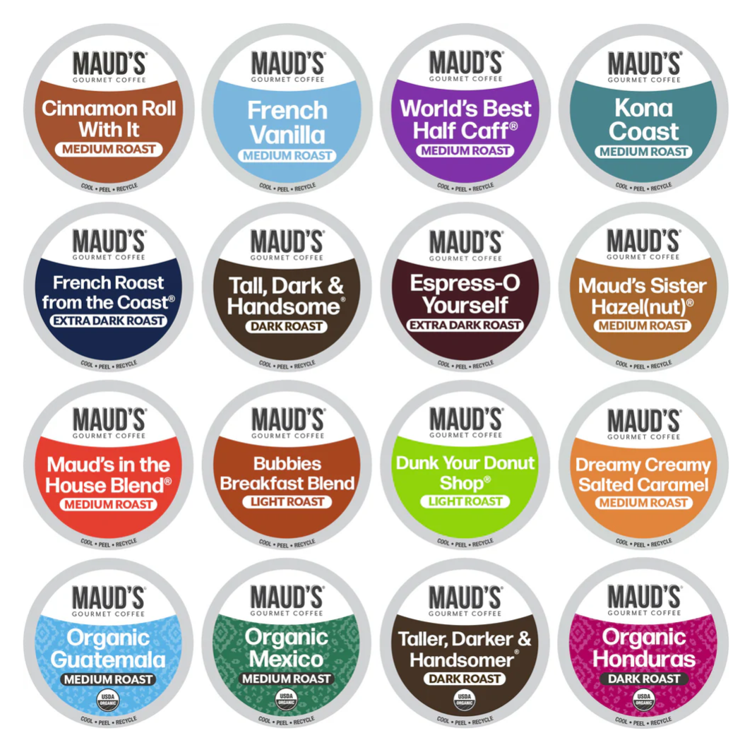 Maud's Gourmet Coffee offers a variety of coffee pod flavors, including Cinnamon Roll, French Vanilla, Kona Coast, French Roast, and Organic Guatemala, among others, with roasts ranging from light to extra dark.