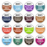 Maud's Gourmet Coffee offers a variety of coffee pod flavors, including Cinnamon Roll, French Vanilla, Kona Coast, French Roast, and Organic Guatemala, among others, with roasts ranging from light to extra dark.