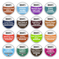 Maud's Gourmet Coffee offers a variety of coffee pod flavors, including Cinnamon Roll, French Vanilla, Kona Coast, French Roast, and Organic Guatemala, among others, with roasts ranging from light to extra dark.