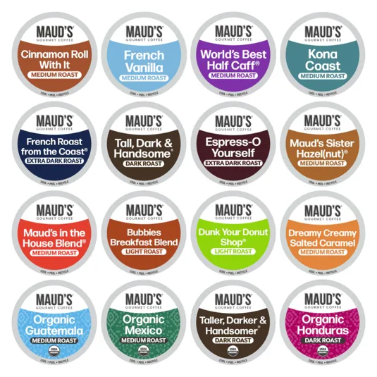 Maud's Gourmet Coffee offers a variety of coffee pod flavors, including Cinnamon Roll, French Vanilla, Kona Coast, French Roast, and Organic Guatemala, among others, with roasts ranging from light to extra dark.