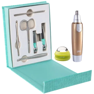 A grooming kit includes nail clippers, scissors, tweezers, and a nail file in a light blue case, along with an electric nose hair trimmer and a compact massage roller.