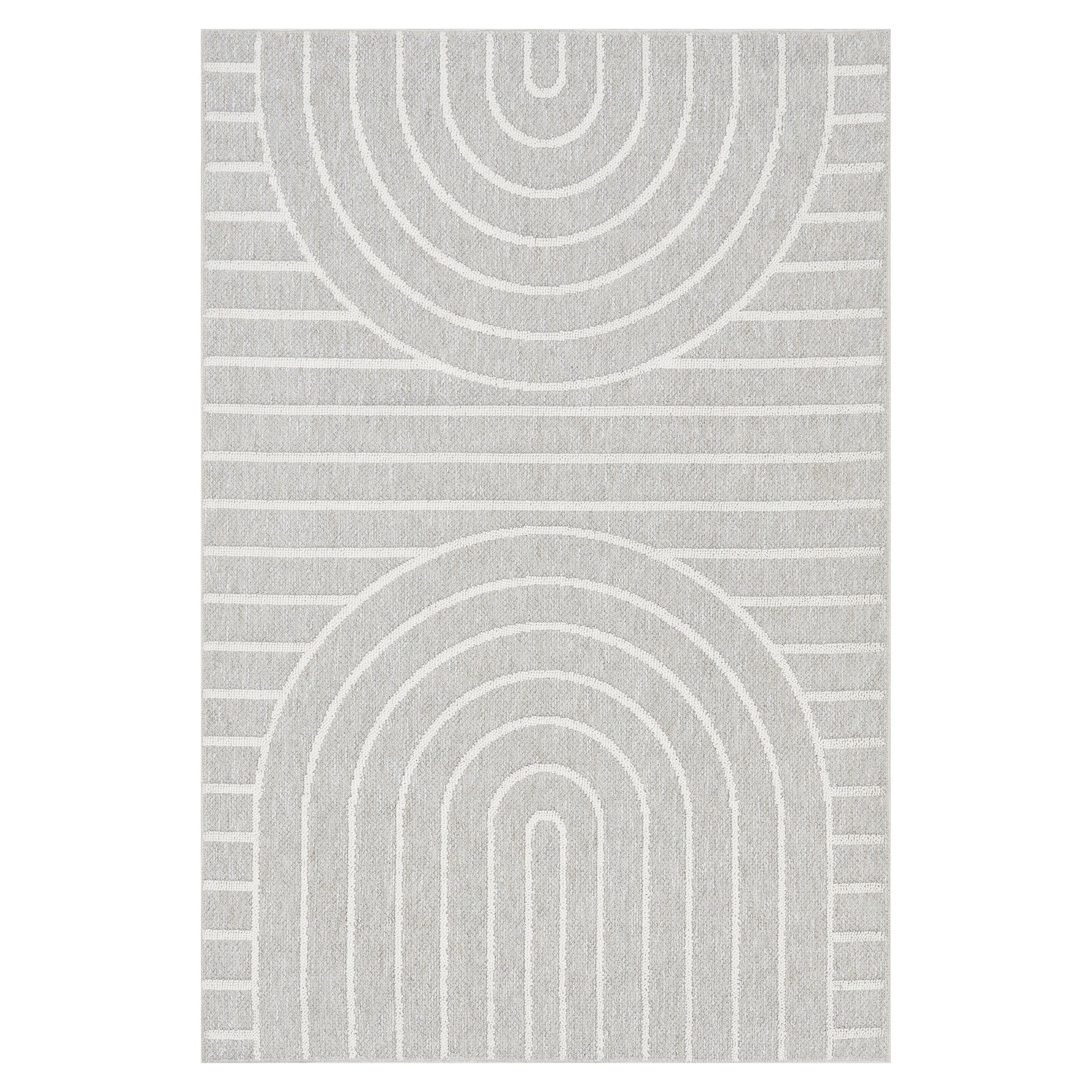 A light gray rug featuring minimalist semicircular and linear patterns in white.