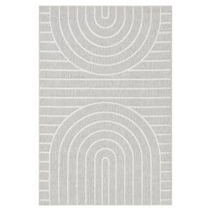 A light gray rug featuring minimalist semicircular and linear patterns in white.
