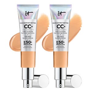 Two tubes of IT Cosmetics CC+ Cream with pumps, one squeezed, showing a beige cream.