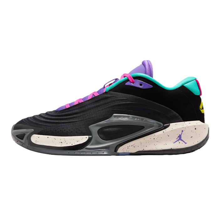 The Jordan Luka 3 Shoes feature a sleek black design with vibrant accents of purple, teal, and pink. They have a textured upper, a speckled midsole, and the iconic Jumpman logo on the side.