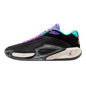 The Jordan Luka 3 Shoes feature a sleek black design with vibrant accents of purple, teal, and pink. They have a textured upper, a speckled midsole, and the iconic Jumpman logo on the side.