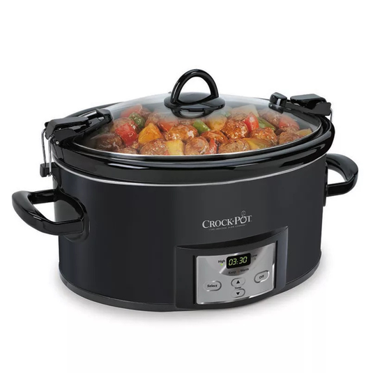 A black Crock-Pot slow cooker with a digital display showing 3:30, filled with seasoned vegetables and meat, featuring locking handles and a transparent glass lid.