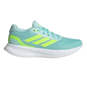 Light blue and neon green Adidas athletic shoe with three stripes on the side, featuring a white Cloudfoam sole for cushioning.