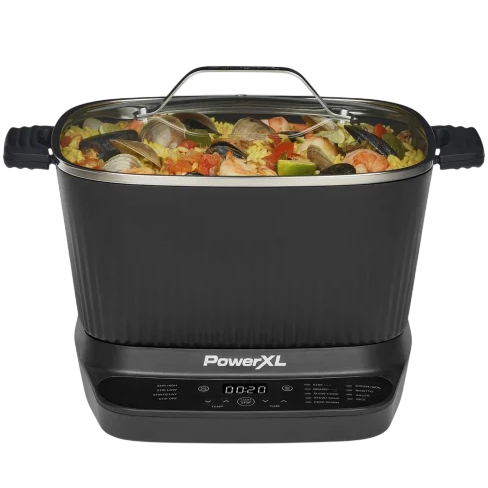 A PowerXL electric cooking appliance with a clear lid, displaying a colorful dish of seafood and vegetables. The control panel is visible at the front, featuring digital controls and display.