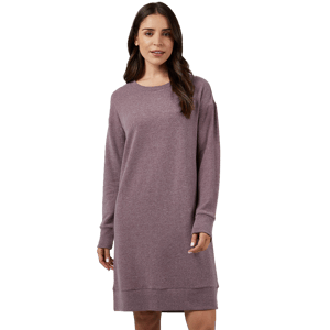 A woman is wearing a long-sleeved maroon sweater dress.