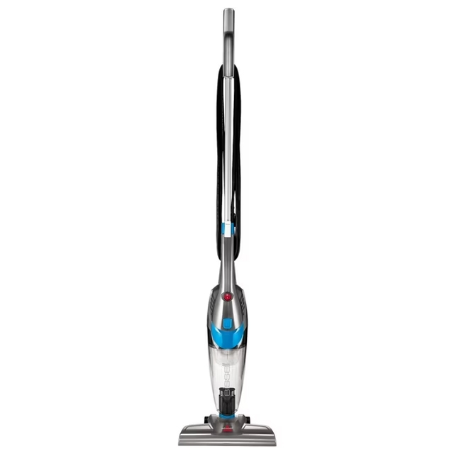 A stick vacuum cleaner with a slim design, featuring a blue accent and a clear dust canister.