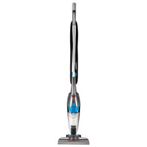 A stick vacuum cleaner with a slim design, featuring a blue accent and a clear dust canister.