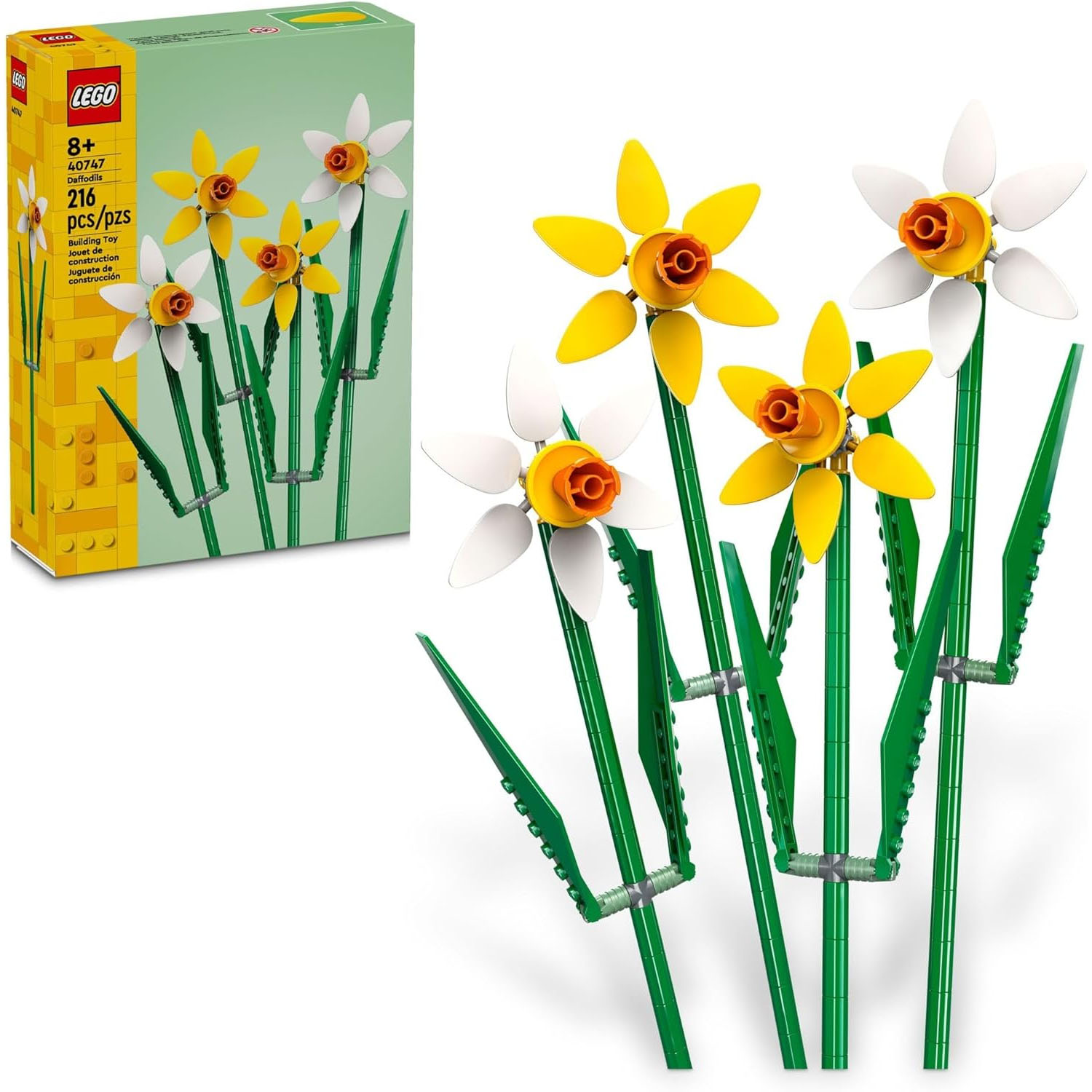 Lego Daffodil Set 40646 features 216 pieces to construct a bouquet of daffodils with yellow and white petals and green stems. Suitable for ages 8 and up.