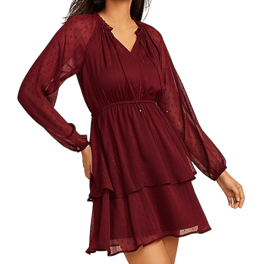 A burgundy long-sleeve dress with sheer polka dot fabric, featuring a V-neck, an elastic waistband, and a tiered skirt.