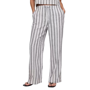 Striped wide-leg pants with a drawstring waist, featuring vertical black and white stripes.