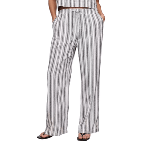 Striped wide-leg pants with a drawstring waist, featuring vertical black and white stripes.
