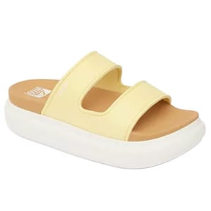 Yellow sandal with two straps and a thick white sole.