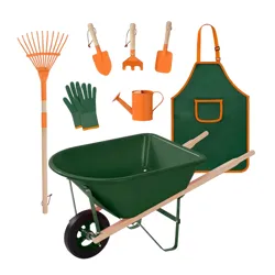 Garden tool set featuring a green wheelbarrow, rake, gloves, apron, watering can, and hand tools including a trowel and spade, all in green and orange.