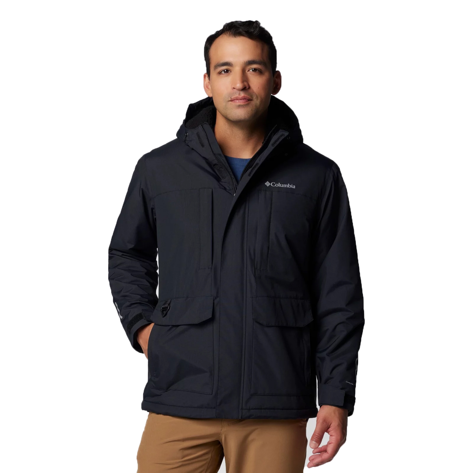The Columbia Hooded Sherpa-Lined Jacket is a black, insulated outerwear piece featuring a hood and multiple pockets. It's designed for warmth and functionality with a sleek, casual look.