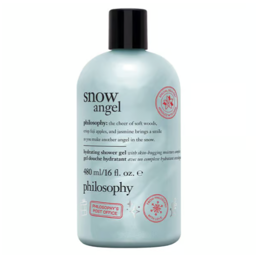 Philosophy Snow Angel hydrating shower gel, 480 ml (16 fl. oz.), features a scent of soft woods, crisp Fuji apples, and jasmine, with printed details like \“Philosophy's Post Office.\“
