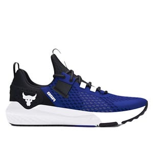 Blue and black athletic shoe with a white sole and a distinctive bull logo on the side.