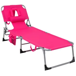 A pink adjustable lounge chair with a headrest and an integrated face hole, featuring a side storage pocket and a metal frame.