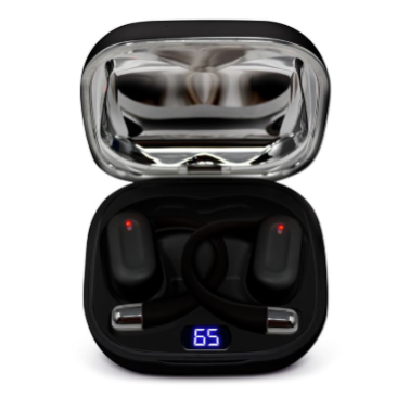 Wireless earbuds with ear hooks in a charging case displaying a battery level of 65%.
