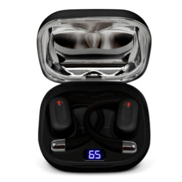 Wireless earbuds with ear hooks in a charging case displaying a battery level of 65%.