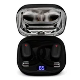Wireless earbuds with ear hooks in a charging case displaying a battery level of 65%.