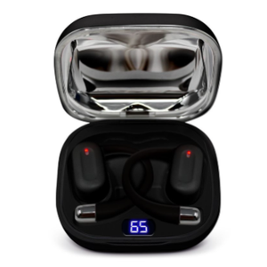 Wireless earbuds with ear hooks in a charging case displaying a battery level of 65%.