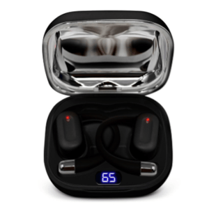 Wireless earbuds with ear hooks in a charging case displaying a battery level of 65%.